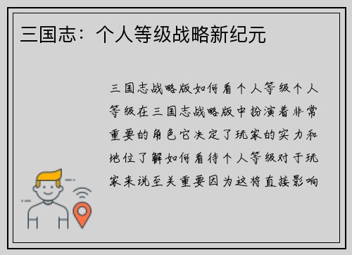 三国志：个人等级战略新纪元